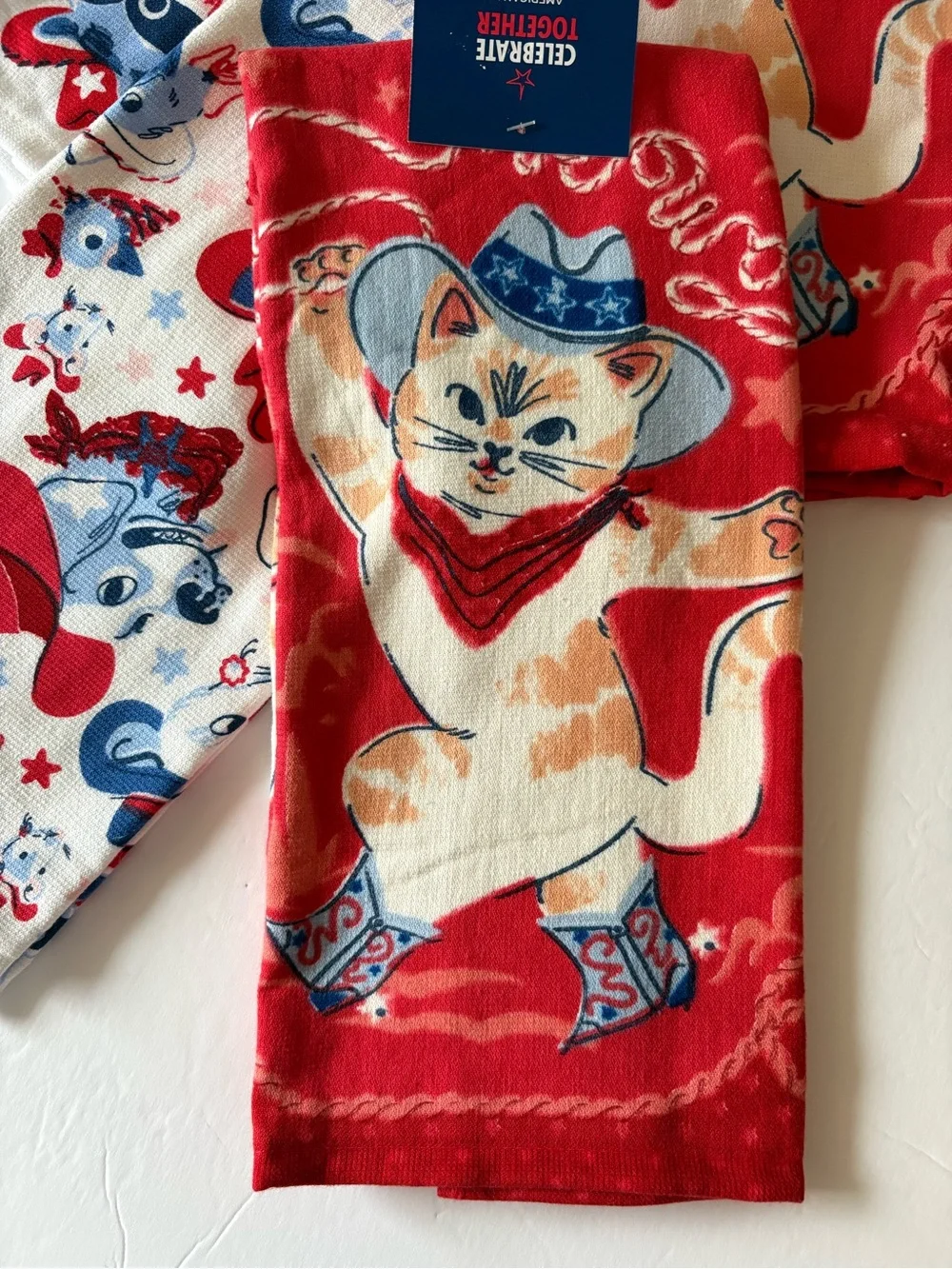 Kitchen Towels Cats Americana Western Attire Cowboy Hats Animals New Two Sets